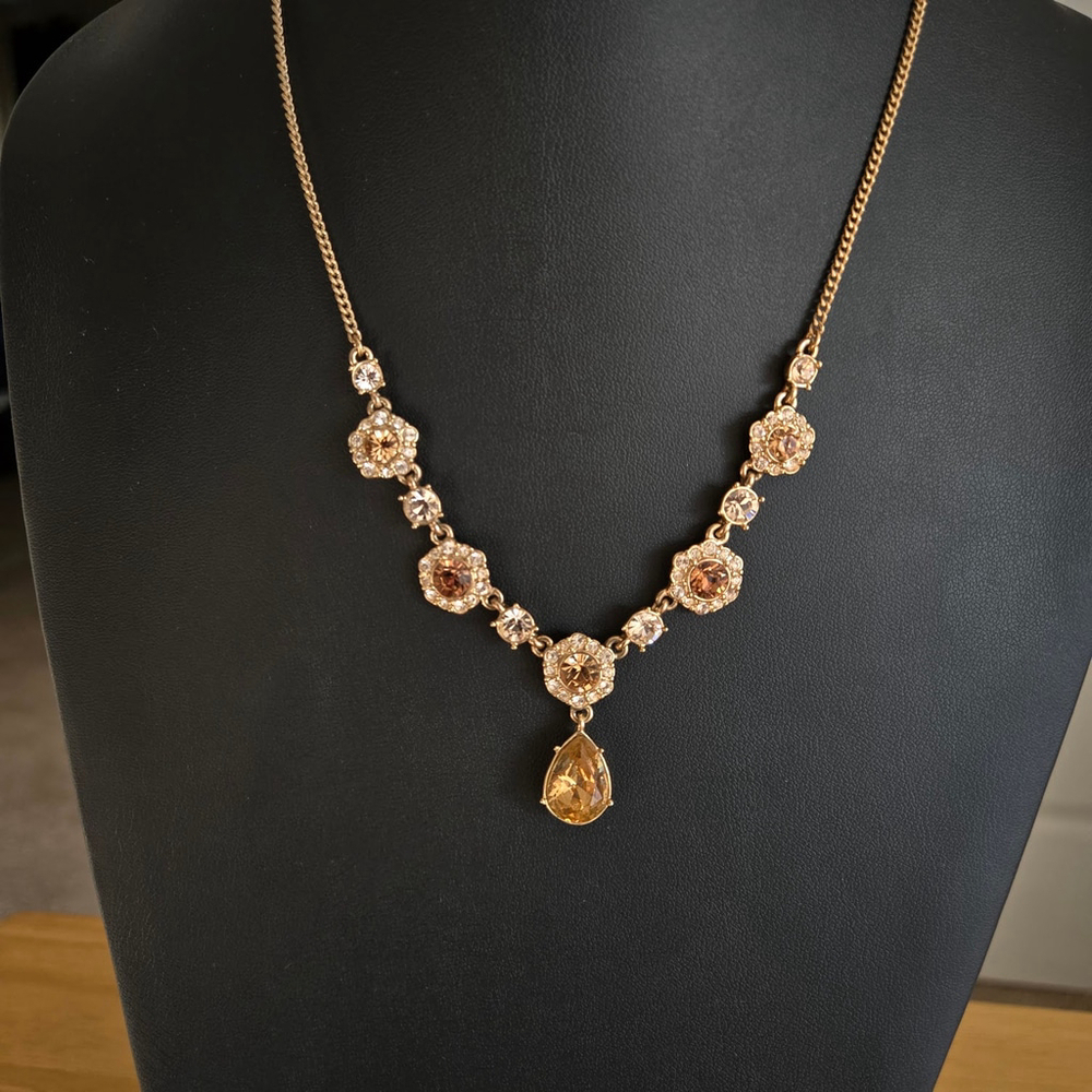 Givenchy Gold-Tone Crystal Amber Hue Tear Drop Signed Vintage Necklace